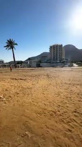 The video shows a sandy beach on a sunny day. A tall building stands in the background, along with a mountain range. A person is walking across the beach. There are some palm trees. The sky is clear and blue.