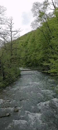 Rural Russian village and rushing river documented under overcast skies