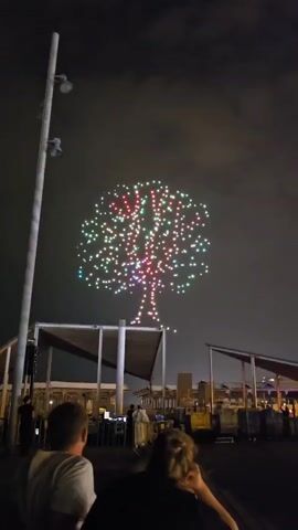 The video captures a drone light show at night. A large tree silhouette formed by numerous small lights is displayed against the dark sky. The lights on the tree shift through various colors, including green, red, pink, and purple, creating a dynamic visual effect. Below the drone display, a crowd is gathered, with the backs of two individuals visible in the foreground, watching the show. In the middle ground, there are structures that appear to be part of a venue or event space, with some equipment and people visible beneath them. Further in the background, city lights and buildings are faintly discernible. The overall ambiance is that of an outdoor nighttime event.