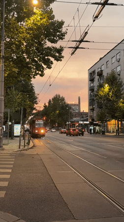 Belgrade tram street at dusk, two angles