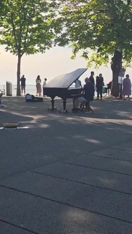 A grand piano sits on an asphalt surface under the shade of trees. Sunlight filters through the leaves, casting dappled shadows. A man sits at the piano and plays, with another person sitting next to him. Several people stand and watch in the background, near a body of water. The sky is clear and bright.