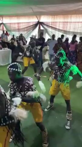 In an indoor setting with a low white tent-like ceiling, several young dancers are performing in front of a crowd of seated and standing guests. The room features a green floor covering and is decorated with white tablecloths and floral arrangements on some of the tables.

The dancers are dressed in matching costumes that include dark body paint, yellow shorts, and ornate beaded headpieces and necklaces. They also wear patterned boots. They carry white feathered fans as they move energetically in unison.

The crowd consists of adults and children who are watching the performance. A man in a light-colored shirt is standing in the background, observing the dancers.

The lighting in the room is bright, with green spotlights adding to the atmosphere.