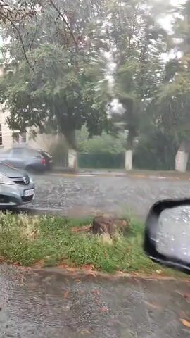 A heavy downpour is occurring, causing significant pooling of water on the street and sidewalk. Trees in the background are swaying violently in the wind, indicating a strong storm. Two cars are visible parked on the side of the street, partially obscured by the rain. The perspective appears to be from inside a vehicle, looking out through the windshield or side window. The overall impression is one of severe weather conditions.