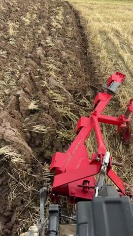 A tractor pulls a red plow through a field. The plow is turning over the soil, revealing a furrow. The field appears to be covered in dry stubble, indicating that a crop has recently been harvested. The soil is dark and moist. The sun is shining, and the sky is clear. The video is filmed from the perspective of the tractor driver, looking back at the plow. The scene is peaceful and rural.