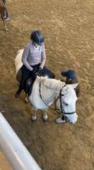 Women train with white horse in Moscow riding arena