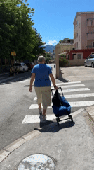 Woman crosses street with shopping cart in Budva