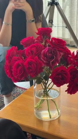 A bouquet of red roses is displayed in a clear glass vase on a wooden table. The roses are a deep red color with some hints of pink and yellow in their centers. The vase is filled with water, and the stems of the roses are visible beneath the surface. In the background, a person is partially visible, sitting in front of a tripod. The person is wearing a black shirt and blue jeans, and they have a watch on their left wrist. The environment appears to be indoors, with a patterned rug visible on the floor. The lighting is soft and natural, suggesting it might be daytime.