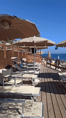 Summer morning at a rocky beach club in Molfetta