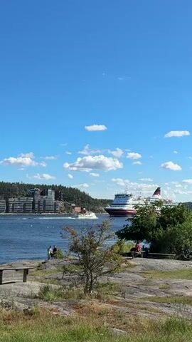 This video captures a serene waterside scene in Lidingö, Sweden, under a bright, blue sky dotted with fluffy white clouds. The primary focus is a large, multi-deck ferry, predominantly white with a striking red hull and a crimson and gold striped funnel, sailing across the blue water. To its left, a smaller white boat moves in the same direction, leaving a wake.

In the foreground, a rocky, grassy area overlooks the water. Two people are seated on a wooden bench, one wearing a pink shirt and facing away from the camera, suggesting a moment of relaxation and enjoyment of the view. Another person is partially visible to the left, also seated on the shore. The landscape features trees and shrubbery, with a hint of urban development—buildings and a forested hill—visible in the background on the left side of the frame.

The time of day appears to be midday, indicated by the bright sunlight and clear sky, suggesting pleasant weather. The overall mood is one of tranquility and leisure, with the natural beauty of the waterscape complemented by the presence of both large vessels and people enjoying the outdoors. There is no visible text in the video.