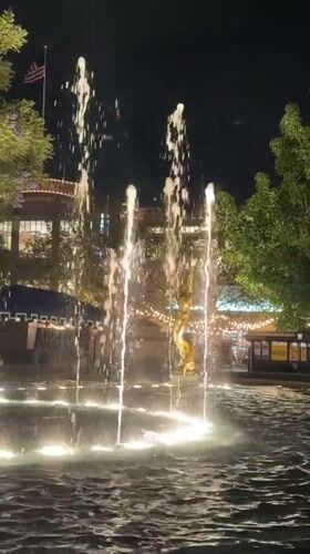 Late-night fountain and lit bookstore observed in Glendale