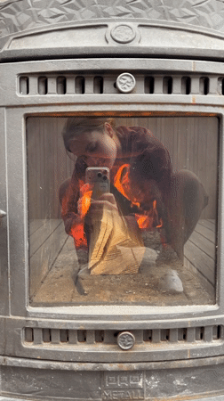 Woman documents rural cooking activities with selfies in Belarus
