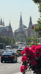 Pink rhododendrons bloom near Moscow Kremlin during spring morning