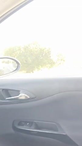 The video shows a view from inside a car driving through a rural landscape. The camera pans across a scene featuring trees, a road, and buildings in the distance. The sky is clear and blue. The sun is bright, casting shadows and creating a hazy effect. The overall impression is of a sunny day in the countryside.