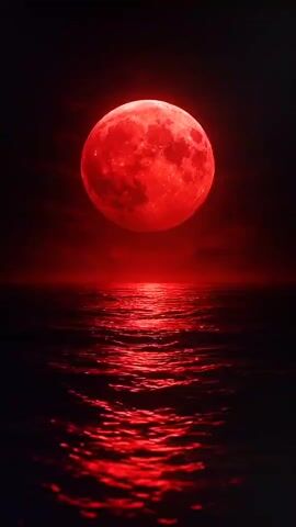 A solitary red moon hangs in a dark, cloudy sky, casting a vibrant red glow onto a dark, rippling body of water below. The reflection of the moon creates a luminous path across the water's surface.