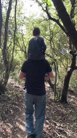 A man carries a young boy on his shoulders as they walk along a path in a wooded area. The man is wearing a dark blue t-shirt and blue jeans, and the boy is wearing a long-sleeved gray shirt. The trees are mostly bare, but some have green leaves. The ground is covered in fallen leaves. The sun is shining through the trees, creating a dappled light effect. The camera follows them from behind as they walk.