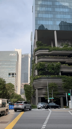 Singapore's green-clad UOL skyscraper dominates a downtown streetscape