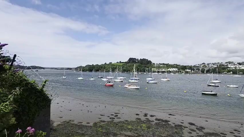 The video shows a panoramic view of a wide, calm body of water filled with numerous sailboats. The boats are moored or anchored, with their sails furled. The water is a muted blue-grey, reflecting the overcast sky, which is filled with white, fluffy clouds. The shoreline in the foreground is a mix of sand and pebbles, with some seaweed visible. Lush green hills rise in the background, dotted with houses and trees. A distinctive arched bridge is visible in the distance, spanning the water. The overall scene suggests a peaceful harbor or estuary on a cloudy day. There are no people clearly visible in the foreground, though there might be a few distant figures on the shoreline. The camera slowly pans from left to right, offering a broad view of the tranquil maritime landscape.