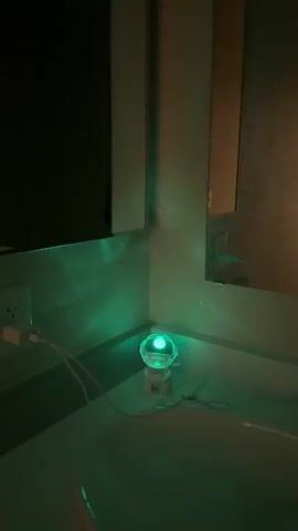 A video compiles several short clips. The first clip shows a green light illuminating a corner of a room with a mirror and sink. The second and third clips show abstract red and green light patterns on a ceiling. The final clip shows a black cat standing in a doorway.