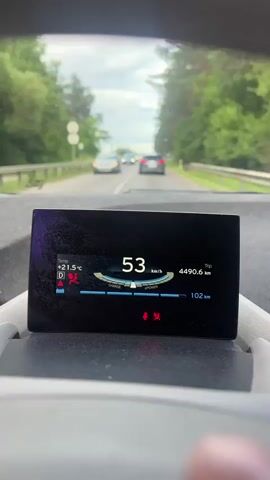 The video shows a close-up view of a car's digital dashboard while driving on a road. The dashboard displays the car's speed, which fluctuates between 52 and 53 km/h. It also shows the outside temperature at +21.5°C and the trip distance at 4490.6 km, with a secondary trip meter showing 102 km. Icons for seatbelts and airbags are visible, along with indicators for "CHARGE" and "ePOWER."

The background, visible through the car's windshield, depicts a tree-lined road with other vehicles in the distance. The weather appears to be overcast, with a cloudy sky. The scene suggests the car is driving in a rural or semi-rural area in Lithuania, possibly in the vicinity of Radikiai, given the provided location context. The overall mood is calm and uneventful, focused on the driving experience and the car's performance metrics. There is no visible text other than the information displayed on the dashboard.