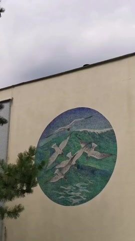 This is a brief, shaky video of a mosaic on the side of a building. The mosaic is circular and depicts several seagulls in flight over a body of water. The water is depicted with shades of green and blue, and there are whitecaps on the waves. The sky above the water is a deep blue, with hints of white clouds. A portion of a pine tree is visible in the lower left corner of the frame, obscuring a small part of the building and the mosaic. The building itself is painted a light beige color, and its roofline is visible at the top of the frame. The sky appears overcast.