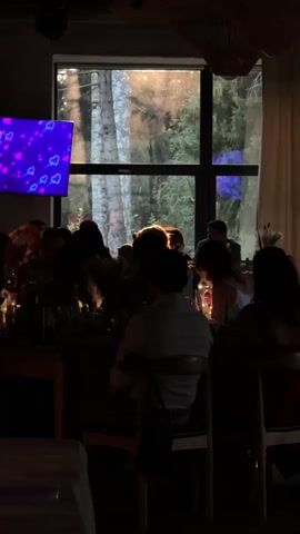 This video captures a dimly lit indoor scene with a large window offering a view of trees and sunlight. Several people are seated at tables, their faces mostly obscured by shadow. To the left, a television screen displays blue hearts and purple shapes. The overall atmosphere appears to be that of a gathering or event.