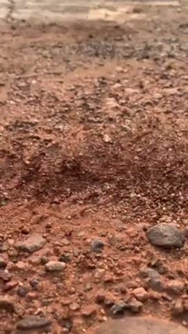The camera focuses on a rough, reddish-brown terrain, possibly a dirt road or barren land, composed of soil, small rocks, and gravel. The camera slowly pans upward, revealing more of the surface and a slightly blurred, lighter area in the background that might be a continuation of the same terrain or a road. No people or other objects besides the ground are visible.