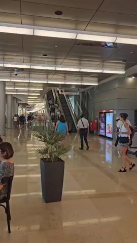 The video shows a busy indoor shopping mall with people walking around and sitting. In the foreground, a woman sits at a small table, looking at her phone. She is wearing a patterned dress and glasses. There is a bag and some food and drink on the table. In the middle ground, there is a large potted plant. Further back, people are sitting on a red bench, and an escalator is visible with people going up and down. To the left, a storefront with "RODILLA" written on it is visible, with people inside. The mall has a modern design with a tiled floor and a suspended ceiling with lights. The overall atmosphere appears relaxed and normal for a public space.