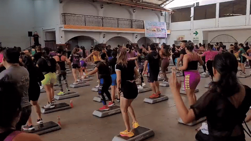 Step aerobics class in full swing at Los Olivos indoor venue