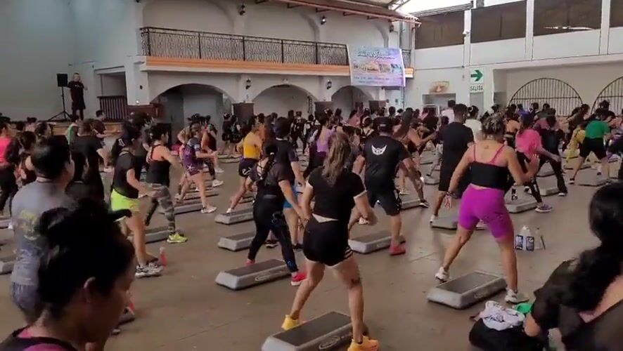 Step aerobics class in full swing at Los Olivos indoor venue