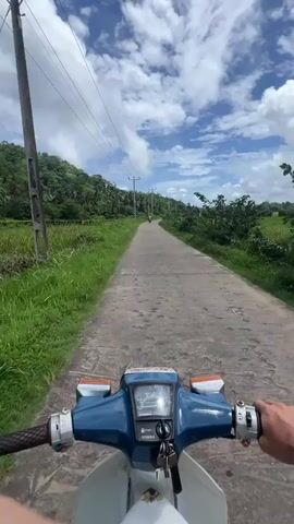 A first-person perspective captures a motorcycle ride down a concrete road. The motorcycle's blue dashboard is visible, marked with a Honda logo and gauges. The road stretches straight ahead, flanked by green grassy fields and patches of trees. Overhead, power lines run parallel to the road, supported by utility poles. The sky is partly cloudy. Another motorcyclist is seen in the distance on the same road.