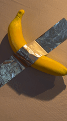 Art displays featuring banana installation documented in Milan