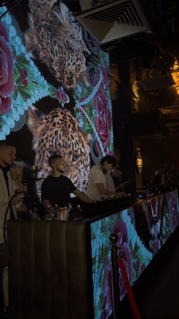 Two DJs perform at crowded nightclub with decorative screen