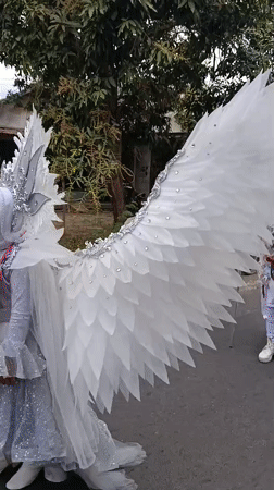 Colorful ceremonial street parade winds through Ketowan, Indonesia