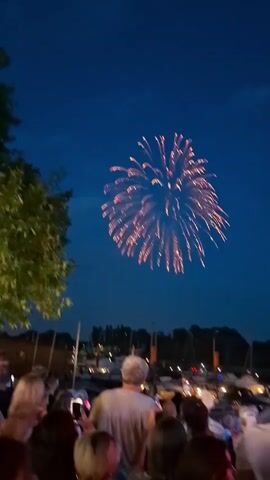 A fireworks display is occurring in the dark blue night sky. A large burst of orange and gold fireworks is central in the frame, with smaller trails of sparks descending. Below the fireworks, a crowd of people is gathered, facing away from the camera and towards the sky. Most of the people are partially visible, with their heads and shoulders showing. Some individuals are holding up their phones to record the event. In the background, beyond the crowd, is a harbor with several boats docked. The outline of trees is visible on the left side of the frame. The overall scene suggests an outdoor evening event.
