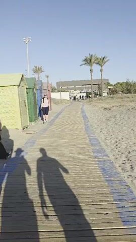 A person is walking on a wooden boardwalk on a sunny day. The boardwalk is on a sandy beach and is lined with colorful beach huts on the left and sand on the right. There are palm trees in the background. The person is wearing a pink shirt and dark shorts. Two large shadows are cast on the boardwalk in front of the person, suggesting two other people are walking behind the camera.