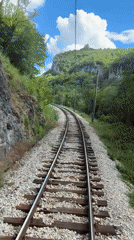 Train ride through forested mountain terrain with platform stops