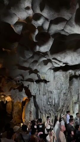 The video captures a large group of tourists exploring a spacious cave, likely located in Ha Long Ward, Vietnam. The cave's interior is dominated by massive, intricate rock formations, including an undulating, textured ceiling and towering walls covered in numerous stalactites and possibly flowstone formations, some appearing as long, vertical draperies.

Artificial lighting illuminates sections of the cave, creating dramatic contrasts between brightly lit areas and deep shadows, emphasizing the natural geological structures. At the very beginning of the video, a bright red dragon puppet is briefly visible, seemingly animated or held up, in the upper left portion of the frame before it quickly moves out of view.

The ground level is crowded with people of various ages and ethnicities, many looking up and around at the cave's features. Several individuals are seen holding up smartphones, presumably taking photos or videos of the impressive environment. A small blue flag with white details is briefly visible among the crowd. The scene suggests a busy and popular tourist destination.