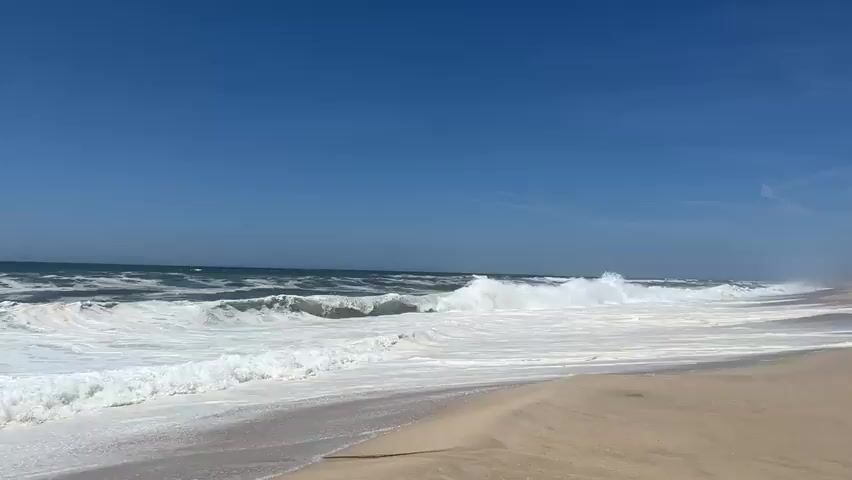 This media file captures a scenic view of a beach on a clear, sunny day. The vast expanse of the ocean dominates the frame, with powerful waves crashing onto the shore. The water is a deep blue, transitioning to a lighter, foamy white as it meets the sandy beach. The sand itself appears dry and light in color, with subtle dunes formed along the coastline. In the distance, the horizon line is sharp, dividing the ocean from a clear, vibrant blue sky. A few faint, wispy clouds streak across the sky, suggesting a gentle breeze. The overall impression is one of natural beauty and the raw energy of the sea. The scene evokes a sense of peace and the power of nature. Given the location context of Torreira, Portugal, this could be a typical day on the Atlantic coast. The time of day appears to be midday, based on the bright sunlight and clear sky. There is no visible text in the media file.