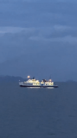 Ferry lit up on calm water under dark skies at Don Sak