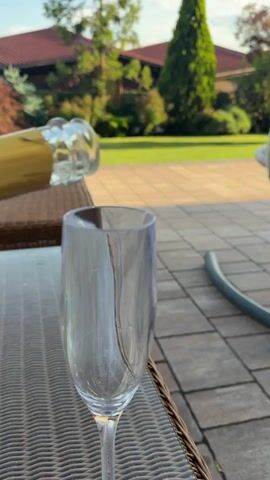 A bottle of champagne is being poured into a glass on a patio. The glass is clear and stemmed. The bottle has a gold label. The patio table is woven. The patio is paved with grey tiles. Behind the patio is a lawn with trees and bushes, and a house with a red roof. The sky is clear.