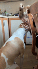 Woman prepares traditional Russian meal, plays with pit bull