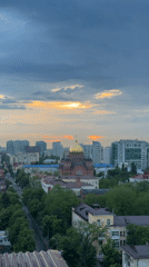 Golden-domed Orthodox church captured during sunset in Krasnodar