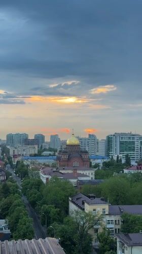 Golden-domed Orthodox church captured during sunset in Krasnodar