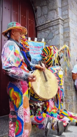 Costumed drummers perform in Tinaquillo, Venezuela