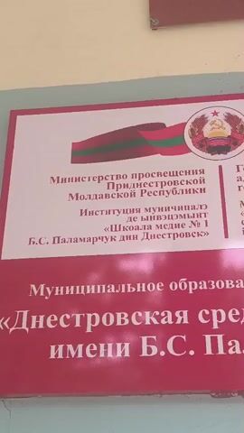 A video shows a sign on a wall. The sign has red and white text and a red, green, and white flag. The text mentions "Ministerstvo prosveshcheniya Pridnestrovskoy Moldavskoy Respubliki" and "Munitsipal'noye obrazovatel'noye uchrezhdeniye Dnestrovskaya srednyaya shkola № 1 imeni B.S. Palamarchuka". The sign also features the coat of arms of Transnistria. The video zooms in and pans across the sign. A light switch is visible on the wall below the sign.