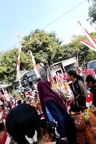 The video depicts a street scene with many children dressed in traditional Indonesian attire, holding small Indonesian flags. They appear to be participating in a parade or a cultural event. Adults are also present, some appearing to be chaperones or spectators. Indonesian flags are displayed on poles and draped along the street, suggesting a national celebration. The environment appears to be a residential area with houses and trees visible. The sky is bright, indicating it is daytime. The overall atmosphere seems festive and communal.