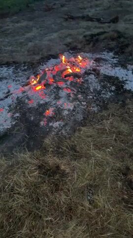 A small campfire is burning on dry grass. Red embers glow beneath a pile of ash and charred wood, with wisps of smoke rising into the air. The surrounding area is covered in dry, brown grass. A dark object, possibly a log, is partially visible on the left side of the frame.