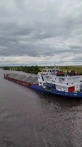 A cargo ship is seen moving on a body of water. The ship is large and appears to be carrying a heavy load. The sky is overcast with dark clouds. The water is choppy, indicating wind. There are trees and vegetation on the shoreline in the background. The overall scene suggests a commercial shipping operation in potentially inclement weather.