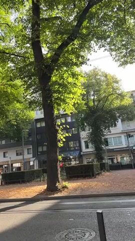 The video begins with a view of trees with lush green foliage, their branches reaching towards a bright blue sky. Sunlight filters through the leaves, casting dappled shadows on the ground. In the background, a multi-story building with windows and awnings is visible. As the camera pans, a street lamp and a bus stop sign appear. The perspective then shifts to focus on a street scene. A man is seen walking with a bicycle, his arm resting on the handlebars. He is accompanied by another person. The street is paved with cobblestones, and the sidewalk is lined with hedges. Further down the street, another bus stop sign is visible, along with a billboard advertising food trucks and a party. Cars are parked along the side of the road, and other pedestrians can be seen in the distance. The video appears to be taken in an urban environment on a sunny day.