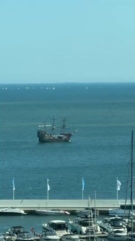 A tall ship, designed to resemble a pirate ship, sails on a vast, calm, blue sea. The ship has three masts, a dark hull, and intricate details that suggest its historical inspiration. It is the primary subject in the foreground, moving from left to right.

In the background, a multitude of smaller sailboats dot the horizon, indicating a regatta or a busy sailing day. Further in the distance, several large ships are visible, suggesting the presence of a shipping lane or a port. The sky is clear and bright, suggesting fair weather and daytime, likely late morning or early afternoon given the light.

In the immediate foreground, a marina or harbor is partially visible. Several modern yachts and smaller boats are docked. White and blue flags are displayed along a walkway or pier. The overall scene conveys a sense of leisure, adventure, and maritime activity. The presence of both a historical-style ship and modern vessels highlights the blend of past and present in a coastal environment.

There is no visible text in the media file.
